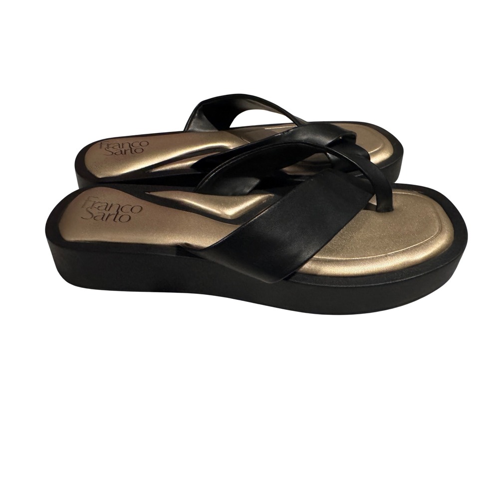 Franco Sarto Womens Black Gold Platform Thong Sandals Square Toe Size 9.5M